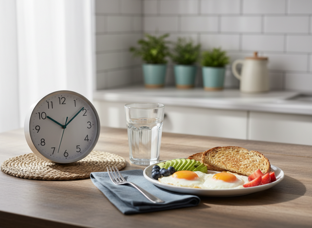 Reloj junto a un desayuno equilibrado: la ventana de alimentación en el ayuno intermitente
